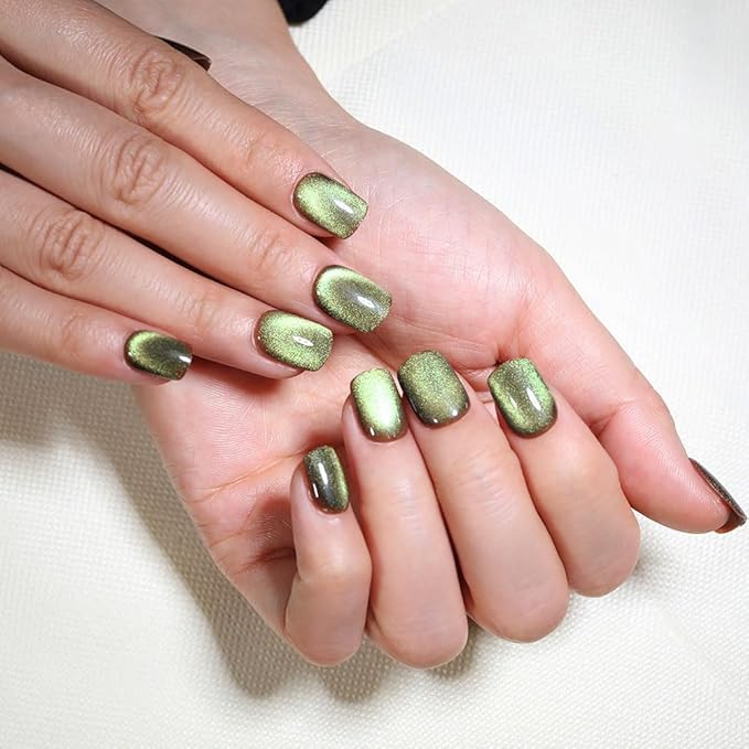 evpct Light Green Cat Eye Extra Short Press on Nails Square, Petite Short Square Glue on Nails for Women Gift, Light Green Metallic Glitter Glossy Reusable Gel Press on Acrylic Fake Nail with Designs