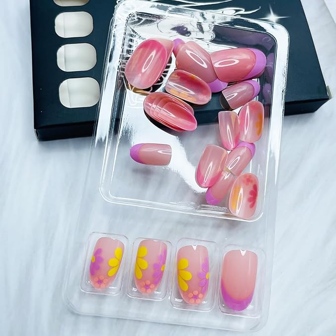 Short Almond Press on Nails French Tip Fake Nails with Flower Design Summer Glue on Nails Glossy False Nails Pink Nail Tips Artificial Acrylic Full Cover Stick on Nails for Women Manicure 24Pcs