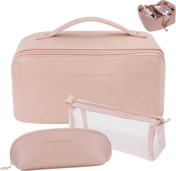 3 Pcs Travel Makeup Bag Portable Large Capacity Cosmetic Bags for Women Open Flat Makeup Case Organizer Bag Set of 3 Waterproof PU Leather Toiletry Bags with Divider and Handle (Pink, Medium)