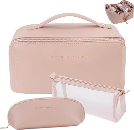 3 Pcs Travel Makeup Bag Portable Large Capacity Cosmetic Bags for Women Open Flat Makeup Case Organizer Bag Set of 3 Waterproof PU Leather Toiletry Bags with Divider and Handle (Pink, Medium)