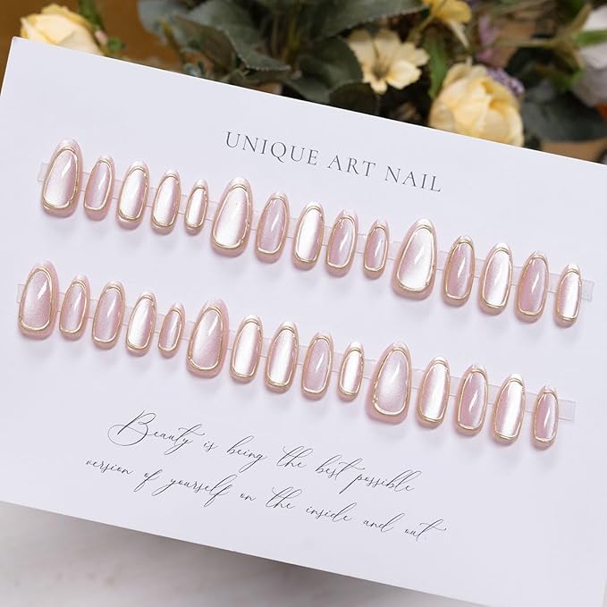 Press on Nails Almond Cat Eye Fake Nails 3D Gold Acrylic False Nails Press ons with Stripes Bubble Designs Pink Glossy Cute Glue on Artificial Nails for Women Girls Manicure 24Pcs