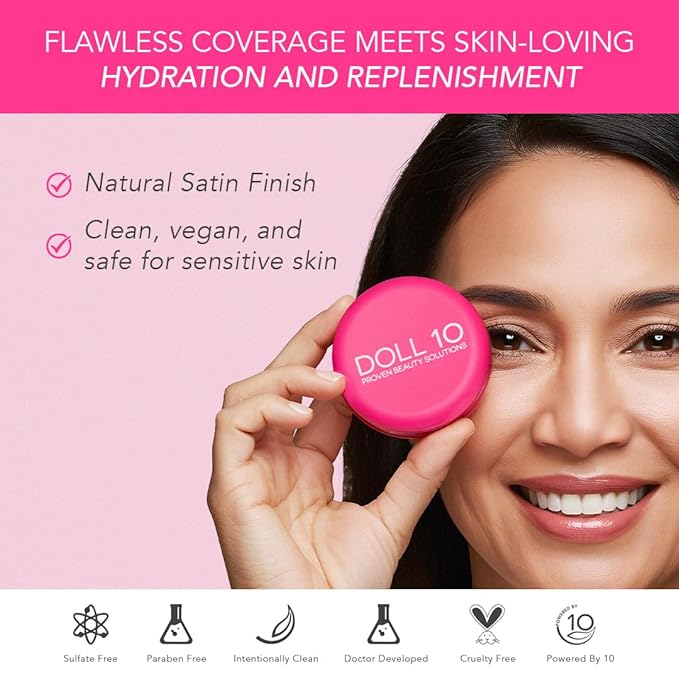 Doll 10 Peptide Bounce Balm Foundation™ – Hydrating, Age-Defying Foundation for Older Women, All Skin Types – Vegan, Clean, Natural, Medium Buildable Coverage, Blurs Fine Lines - [Tan/Deep]