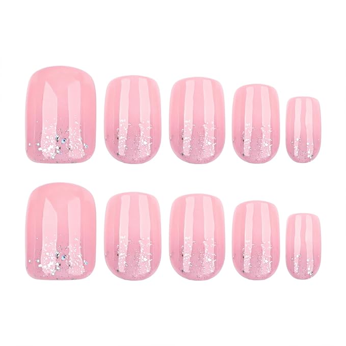 Square Press On Nails Short – Nude Pink Glitter Acrylic Fake Nails, 24PCS Glossy Thick False Nails Kit, Durable Reusable Stick On Nails with Glue & Tools for Women, DIY Salon Manicure