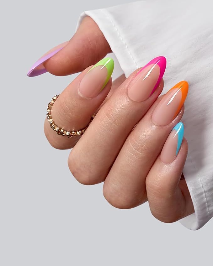 BTArtboxnails XCOATTIPS Brighter Pastel French Tip Press On Nails - Medium Almond Press On Nails, Soft Gel Nail Tips, 150Pcs Soak Off Acrylic Colorful Fake Nail Extension in 15 Sizes