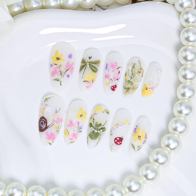 30Pcs Colorful Flower Press On Nails Medium Almond Fake Nails with 3D Water Drop Pearl Design Spring Summer Floral Gold Line False Nails Snails Dragonfly Butterfly Stick on Nails for Women