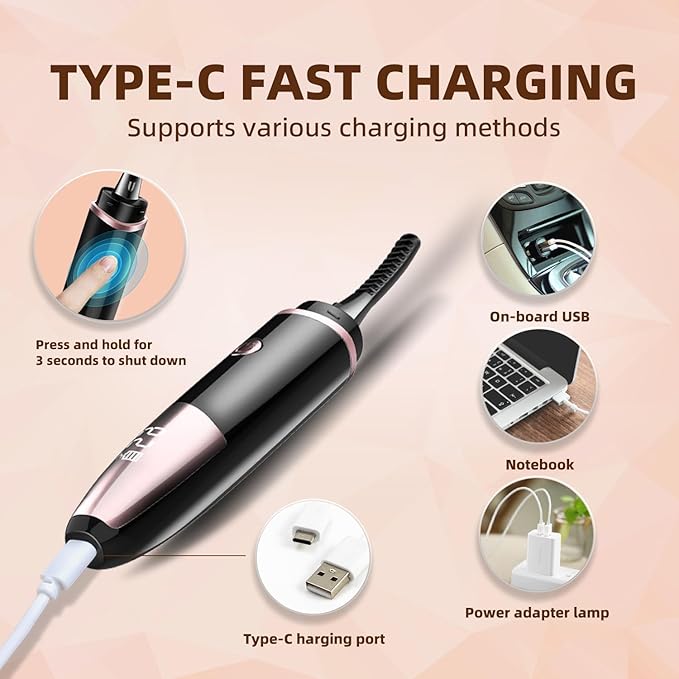 Heated Eyelash Curler, Fast Heat up Within 10s, 24 Hours Long Lasting, Rechargeable Electric Eyelash Curler, Temperature Control, Mini Lash Curler Safe Anti-Burn Eyelash Curle, with LED Display-Black