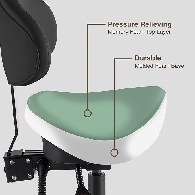 Pneumatic Swivel Rolling Saddle Chair with Wheels and Ergonomic Back Support for Hair Stylist, Dental Hygienist, Hygienic Clinic, Spa, Massage, Home, Office - 510 KOA (Black, Standard)