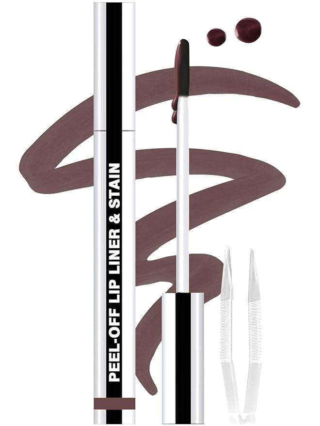 Lip Stain Peel Off Lip Liner Stain with Tweezer, Long Lasting Matte Lip Tint Tattoo, Highly Pigmented Color Lip Makeup, Waterproof Lipstick, Transfer-proof Lipstain for Women, Brown