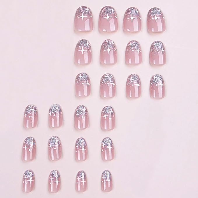 French Pink Press on Nails Short Oval, Summer Fake Nails with Sparkly Silver French Tips Designs, Glossy Gel Finish Acrylic Nails, Thick Reusable Glue on Nails Kit for Women, 24Pcs, Silver Blessing