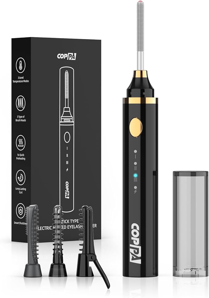 COPPA Electric Lash Curler, LP-1 Lipstick Type 3-in-1 Heated Eyelash Curler with 3 Brush Heads 3 Curling Modes and 3 Temp & 5s Quick Heat-up, Perfect for Beginners and Makeup Pros, Black