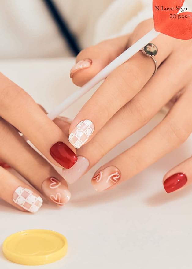 ohora Semi Cured Gel Nail Strips (N Love-Sign) - Red, Patterned, Works with Any UV/LED Lamps, Salon-Quality, Long Lasting, Easy to Apply & Remove - Includes 2 Prep Pads, Nail File & Wooden Stick
