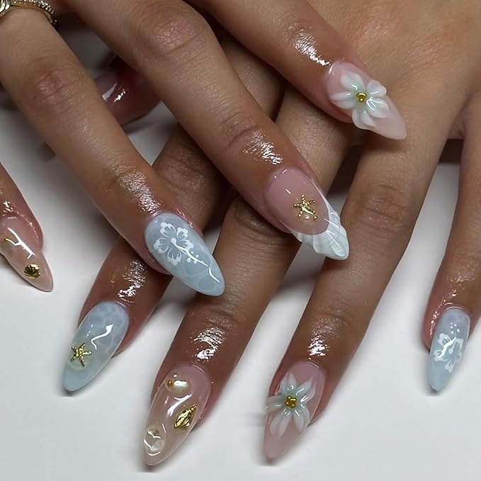 Handmade Summer Blue 3D Star Flower Press On Nails Almond Medium 24 Pcs, Ocean Shell French Designer Reusable Acrylic Fake Nails with Glue On Nails, Beach Daily wear Floral Nails for Women
