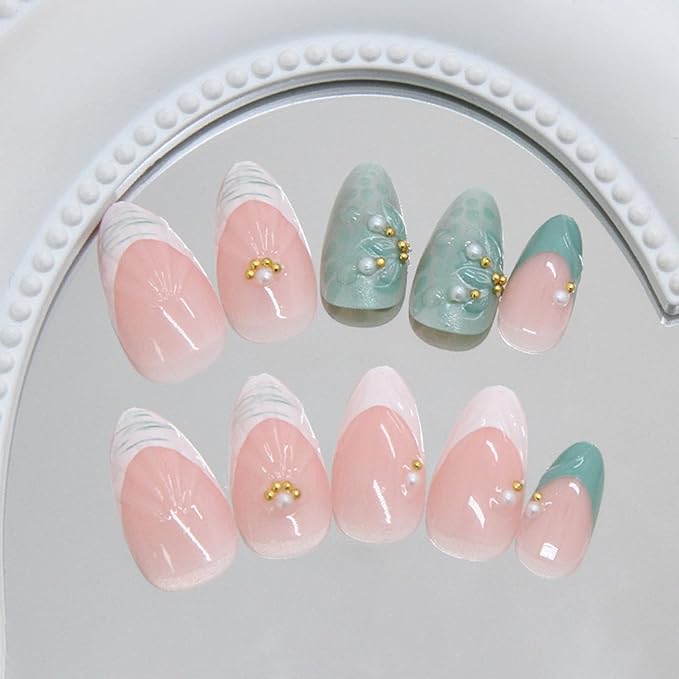 24Pcs Green Press on Nails Medium Almond French Tip Fake Nails with 3D Flower Shell Designs Acrylic Stick on Nails Pearl Gold Beads False Nail Summer Beach Glue on Nail for Women