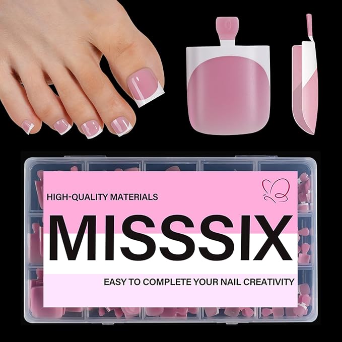 Misssix French Tip Press on Toe Nails, French Square Toe Nail Tips, Soft Gel False Toenail, Acrylic Soak off Fake Toe Nails for Women Nail Art DIY 15 Sizes
