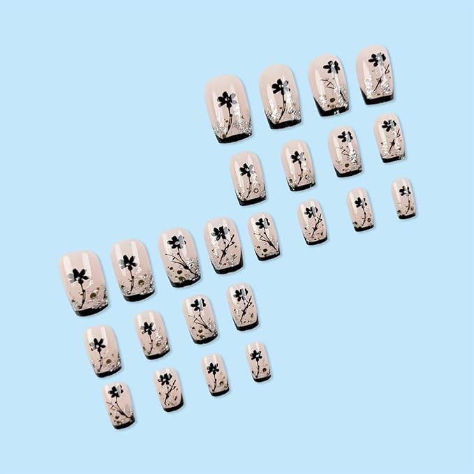 Black French Tips Press on Nails Medium Square Acrylic False Nails 24Pcs Spring Flowers Stick on Nails Glossy Silver Glitter Fake Nails Leaves Gel Glue on Nails for Coquette Women Girls