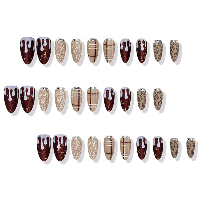 30Pcs Christmas Press on Nails with Cute Gingerbread Man Design Almond Fake Nails Dark Red Glitter False Nails Sparkling Rhinestones Stick on Nail Brown Stripes Artificial Nail for Women