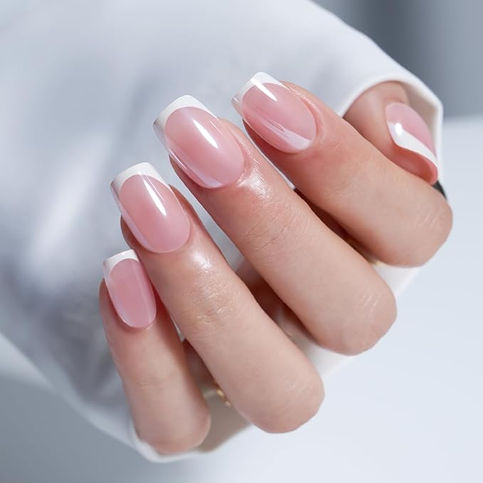 Modelones French Tip Press on Nails Short, Christmas Square Fake Nails, Reusable Nail Kit with Nail Glue Adhesive Tabs Mini Nail File, Nails Press Ons 32Pcs 16Sizes, Women Girl Gift, Chrome French