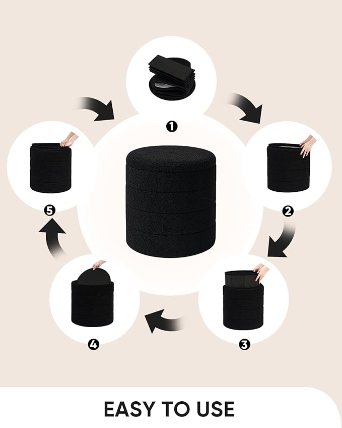 B FSOBEIIALEO Ottoman with Stroage, Round Sherpa Storage Ottoman Stool, Boucle Foot Rest 16.9"x16.9"x17.7"（Black