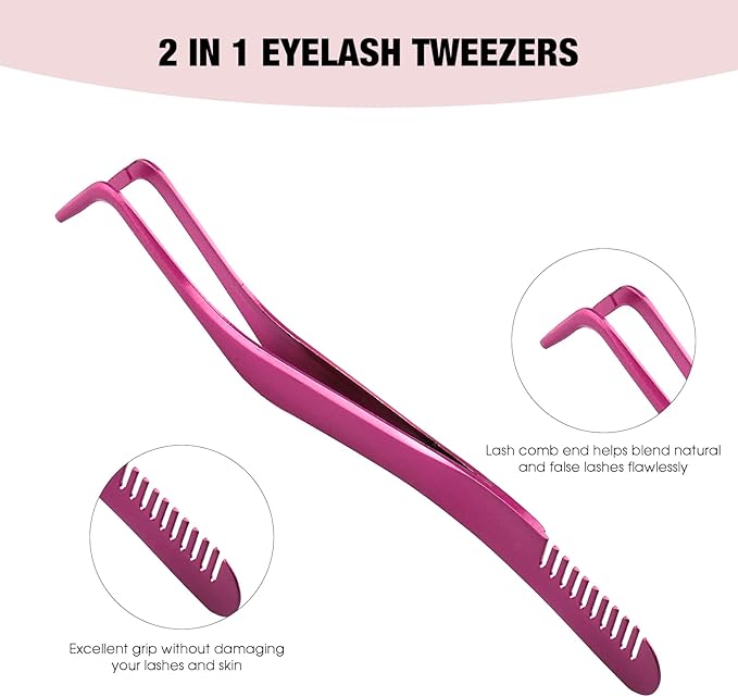 FADLASH Lash Tweezers for Individual & Cluster Lashes, 2pcs DIY Eyelash Extension Supplies, Lash Applicator Tool, Eyelash Tweezers for False Lash Extension, Pink & Rose Gold