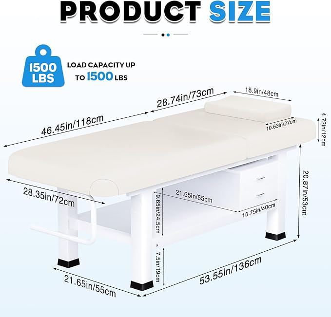 Massage Table with Towel Rack and Storage, 1500lbs Weight Capacity Iron Base Massage Bed Adjustable Backrest for Professional & Home Use, Spa Treatment Table for Relaxation and Therapy, Beige