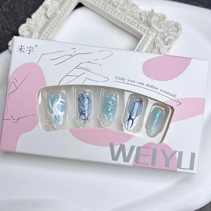 30Pcs Blue Gradient Press on Nails Medium Almond Fake Nails with Butterfly Wings Irregular Lines Designs Full Cover White French Tip Stick on Nails Summer False Nails for Women Girls Acrylic Nails