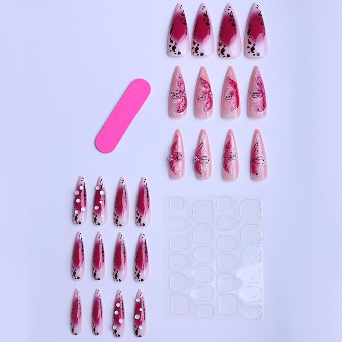 Long Press on Nails Almond Pink False Nails Gradient with 3D Flowers Art Stick on Nail for Women 24pcs