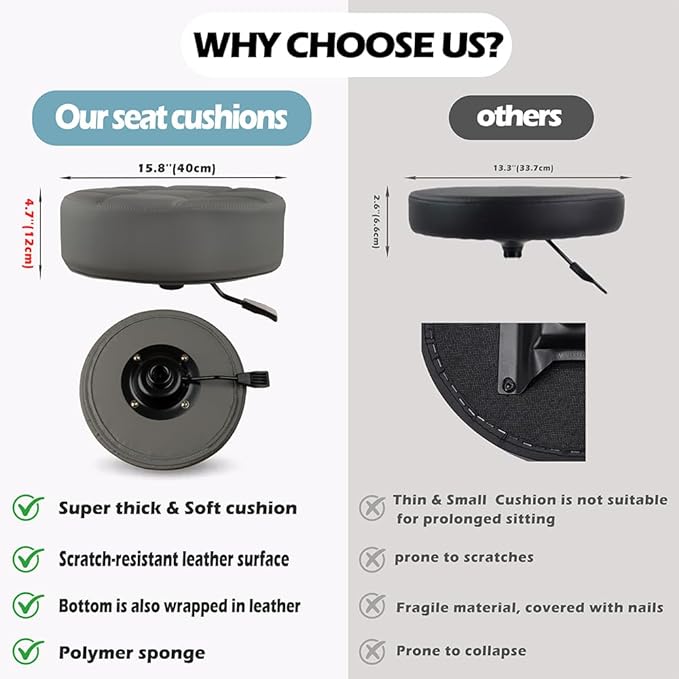 Rolling Stool with Wheels 12cm Ultra Thick Cushion Roller with Heavy Duty Swivel Desk，Adjustable Height Roller Stool for Massage Medical Tattoo Spa(Super Thick Cushion, Grey)