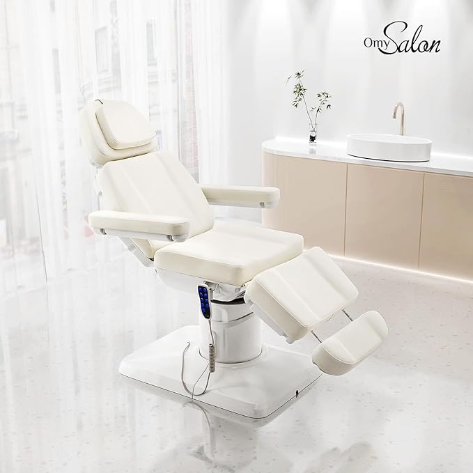 OmySalon Electrical Facial Beauty Spa Medical Treatment Bed, 120° Rotation Massage Tattoo Dental Aesthetic Chair with 3 Motors & Remote Control, Off White