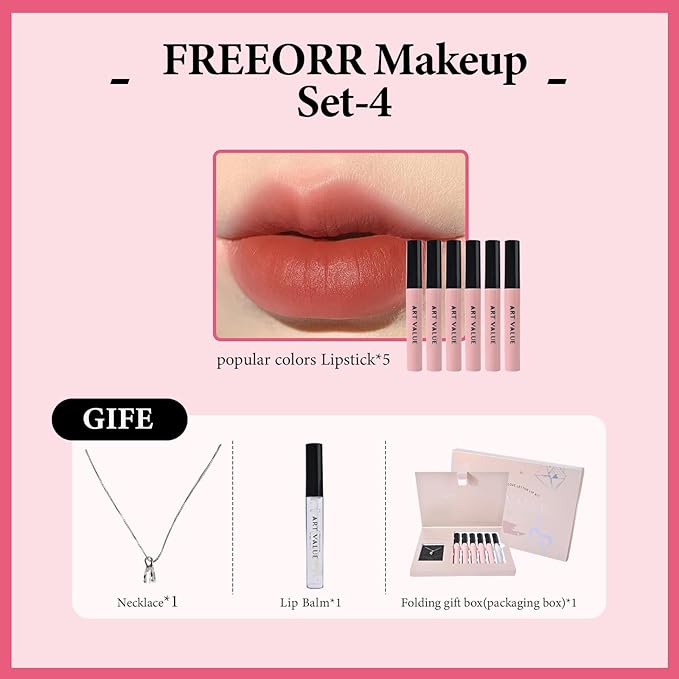 Makeup Set for Women, 7 Pcs Gift Box Set Include Matte Lipstick, Lip Balm and Necklace, Easy to Match with Different Makeups, Christmas，Valentine's Day Makeup Set Gift for Girls-04