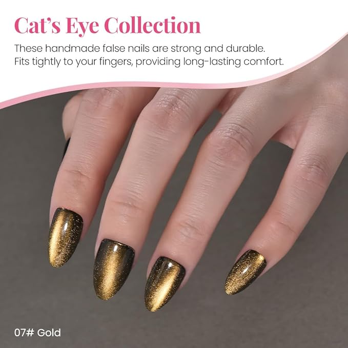 evpct Cat Eye Gold Silver Press on Nails Almond Short, Gold Silver Metal Short Almond Soft Gel Press on Nails with Nail Glue, 60Pcs Reusable Acrylic Fake Press-on Nail Polish Kit for Women Gift