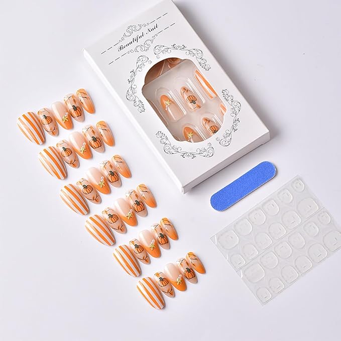 30 Pcs Fall Press on Nails Almond French Tip Fake Nails with Orange Glossy Design Maple Leaves Pumpkin False Nails Autumn Thanksgiving Day Stick on Nail Reusable Holiday Nail for Women DIY Manicure