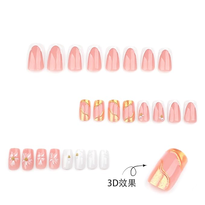 Medium Coffin Press on Nails with 3D Flower Gold lines Nails Press ons Glossy Glue on Nails Pink Acrylic Nails Full Cover Artificial Stick on Nails Reusable for Women 24Pcs