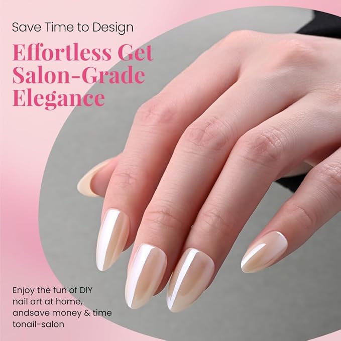 Press on Nails Short Almond - Nude Chrome Glazed Glossy Press on Nail Tips Glue On Nails with Nail Glue for Gift, Reusable Stick On Nails in 15 Sizes - 30 Full Cover Acrylic Soft Gel Fake Nails Kit