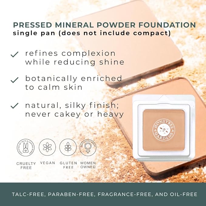 Honeybee Gardens Pressed Mineral Powder Foundation Refill, Malibu, Medium Olive Shade, Adjustable Coverage, Natural Finish, With Botanical Extracts And Vitamin E, 7.5g