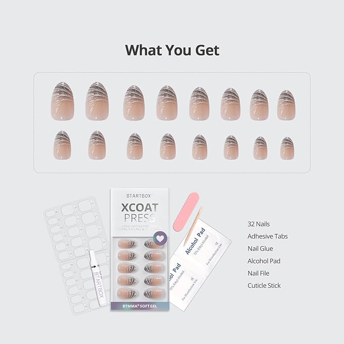 BTArtbox French Tip Press On Nails - Lamp-Curable 3D Sculpting Short Almond Press On Nails with Glue for Women, Semi-Transparent Soft Gel Glue On Nails in 16 Sizes - 32 Stick On Nails Kit, Exquiste