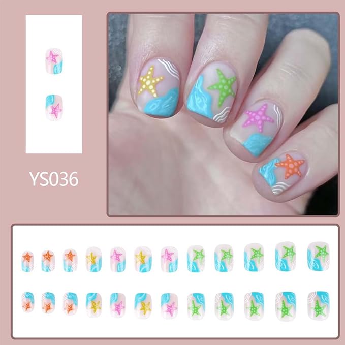 Summer Press On Nails Square Fake Nails Sea With Starfish Design Short False Nails Artificial Acrylic Nails Full Cover Glue On Nails Glossy Stick On Nails For Women Holiday Manicure 24pcs