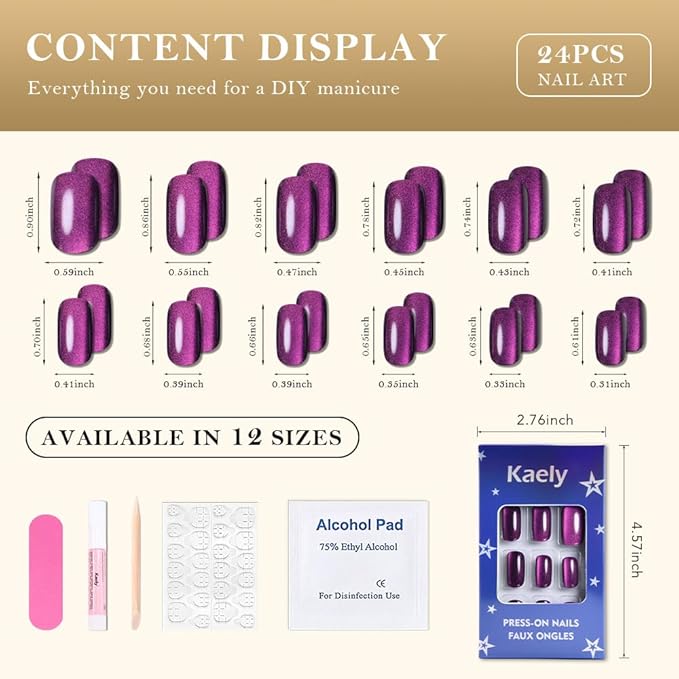 Cat Eye Dark Purple Press On Nails Medium Long Length Square, Designer Reusable Acrylic Fake Nail with Glue, Glossy Gel Nails Wedding Party, Stick On Glue On Nail, Nails Press Ons for Women