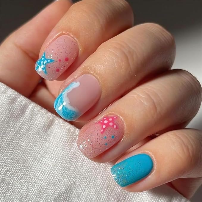 Square Press On Nails Short Fake Nails Starfish With Sea Glitter Design Blue False Nails Summer Glue On Nails Acrylic Full Cover Artificial Nails Glossy Stick On Nails For Women Manicure Art 24pcs