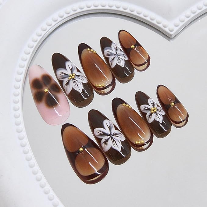 24Pcs Almond Press on Nails Brown Flower Fake Nails Medium 3D Flower Acrylic Nails with Gold Bead Charms Amber French Tip False Nail Reusable Glue on Nails for Women DIY Manicure Decoration