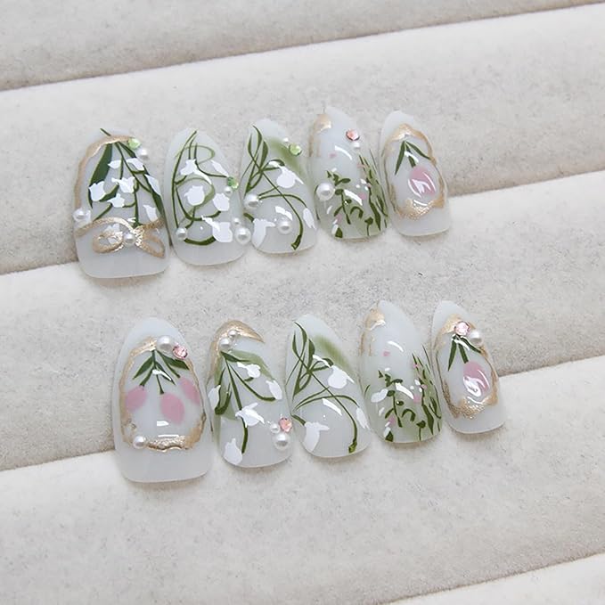 24Pcs Green Press on Nails Medium Almond Fake Nails White Pink Flower with Pearl Rhinestones Designs Full Cover Gold French Tip Nails Bow Stick on Nails Handmade False Nails for Women Acrylic Nails