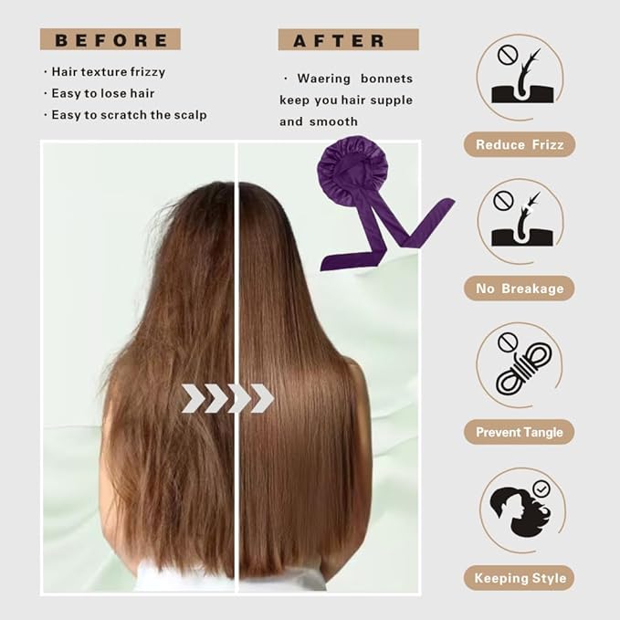 Silk Bonnet for Sleeping Women, Ajustable Hair Bonnet for Curly Hair with Tie Band Shower Caps Lilac，Large