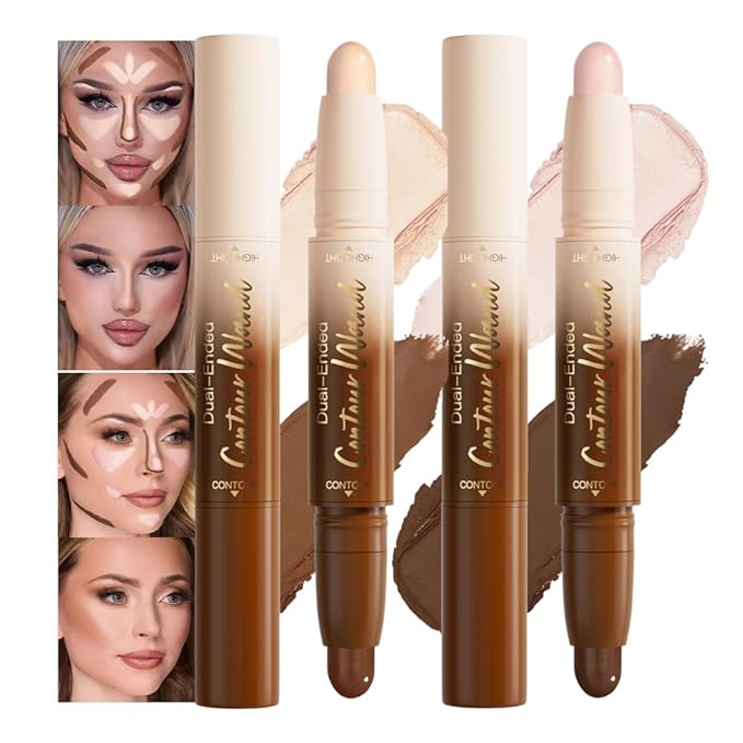 2Pcs Contour Stick Dual Ended Face Body Makeup Waterproof no Transfer, 2 in 1 Cream Concealer Stick Contouring Makeup Kit, Nose Contour Bronzer Sticks Face Highlighter Make up 21#+23#