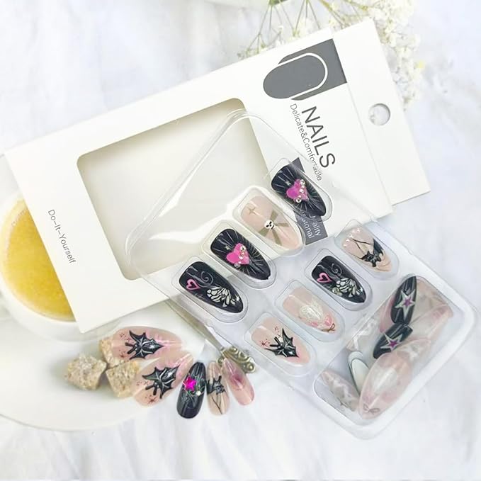 Halloween Press on Nails Medium Almond Fake Nails Gothic Bat Acrylic Nail Full Cover Bow Cat False Nail with Rhinestones Design Skeleton Heart Glue on Nail Halloween Nails Press on for Women 24Pcs