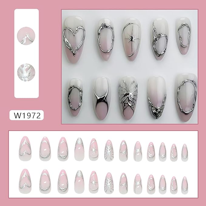 24Pcs Gothic Press on Nails Medium Almond Fake Nails Silver Heart Star Butterfly Designs Full Cover Chrome Stick on Nails Pink Ombre French Tip False Nails for Women Girls Acrylic Nail Decorations
