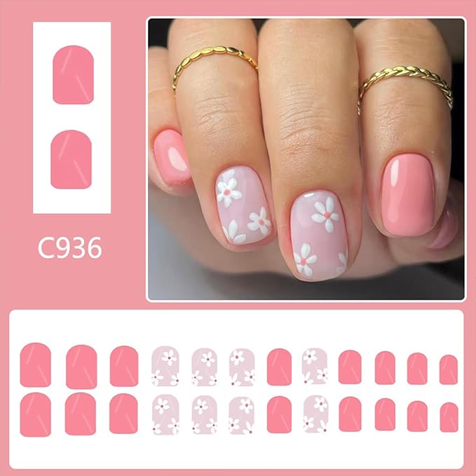 Flower Press on Nails Short Square Fake Nails Pink False Nail Floral Glossy Full Cover Acrylic Nails Spring Glue on Nail Artificial Cute Stick on Nail for Women Manicure 24Pcs