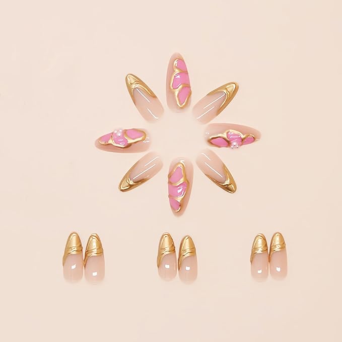 Flower Almond Press on Nails Medium Fake Nails with 3D Gold Line Pink Floral Designs Acrylic Nails Full Cover Stick on Nails Chrome Gold Line French Artificial Nails Glue on Nails for Women 24Pcs