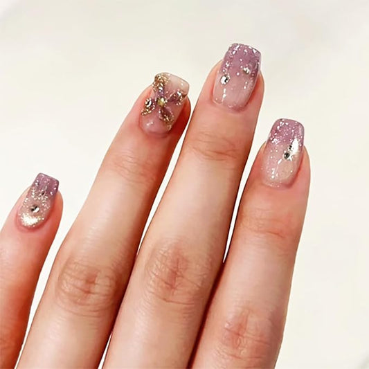 24Pcs 3D Flower Press on Nails Silver Glitter Stick on Fingernails Glossy Purple Gradient Acrylic Fake Nail Rhinestones Short Square False Nails Pearls Gel Glue on Nail for Coquette Women Girls