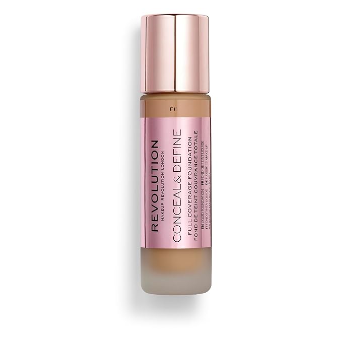 Revolution Beauty, Conceal & Define Foundation, Full Coverage, Long-Lasting Matte Finish, Vegan & Cruelty Free, F11 Medium to Dark Skin Tones, 0.8 Fl.Oz.