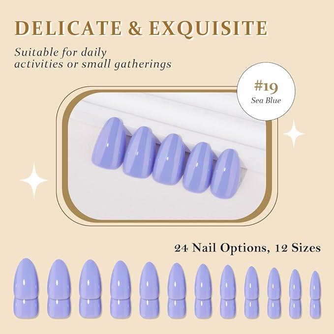 evpct Sea Blue Short Almond Glossy Press on Nails for Women Gift, Glossy Sea Blue Fake Nail with Nail Glue Manicure Kit, Soft Gel Full Cover Reusable Stick on Glue on Acrylic False Nails Perfectly Fit