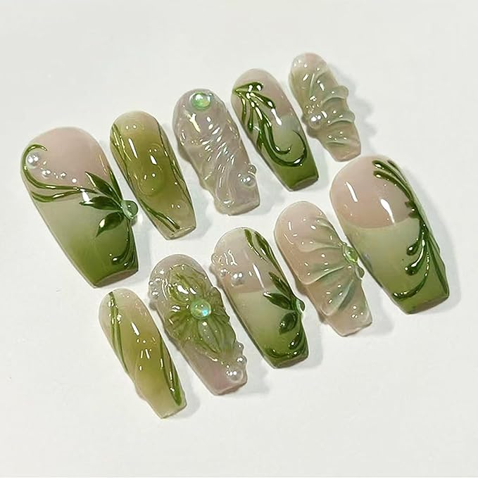 24Pcs Gradient Green Press on Nails Medium French Tip Fake Nails 3D Green Flower Glue on Nails with Pearl Rhinestones False Nails Summer Square Acrylic Nails Handmade Artificial False Nails for Women